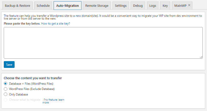 Backup Plugin Migration Tab