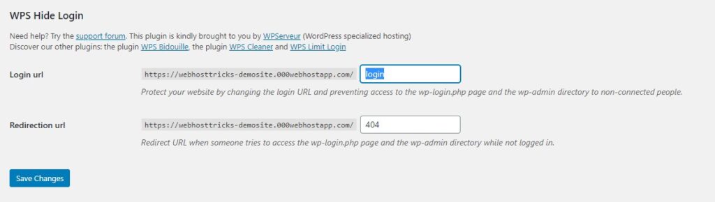 change-URL with WPS hide login